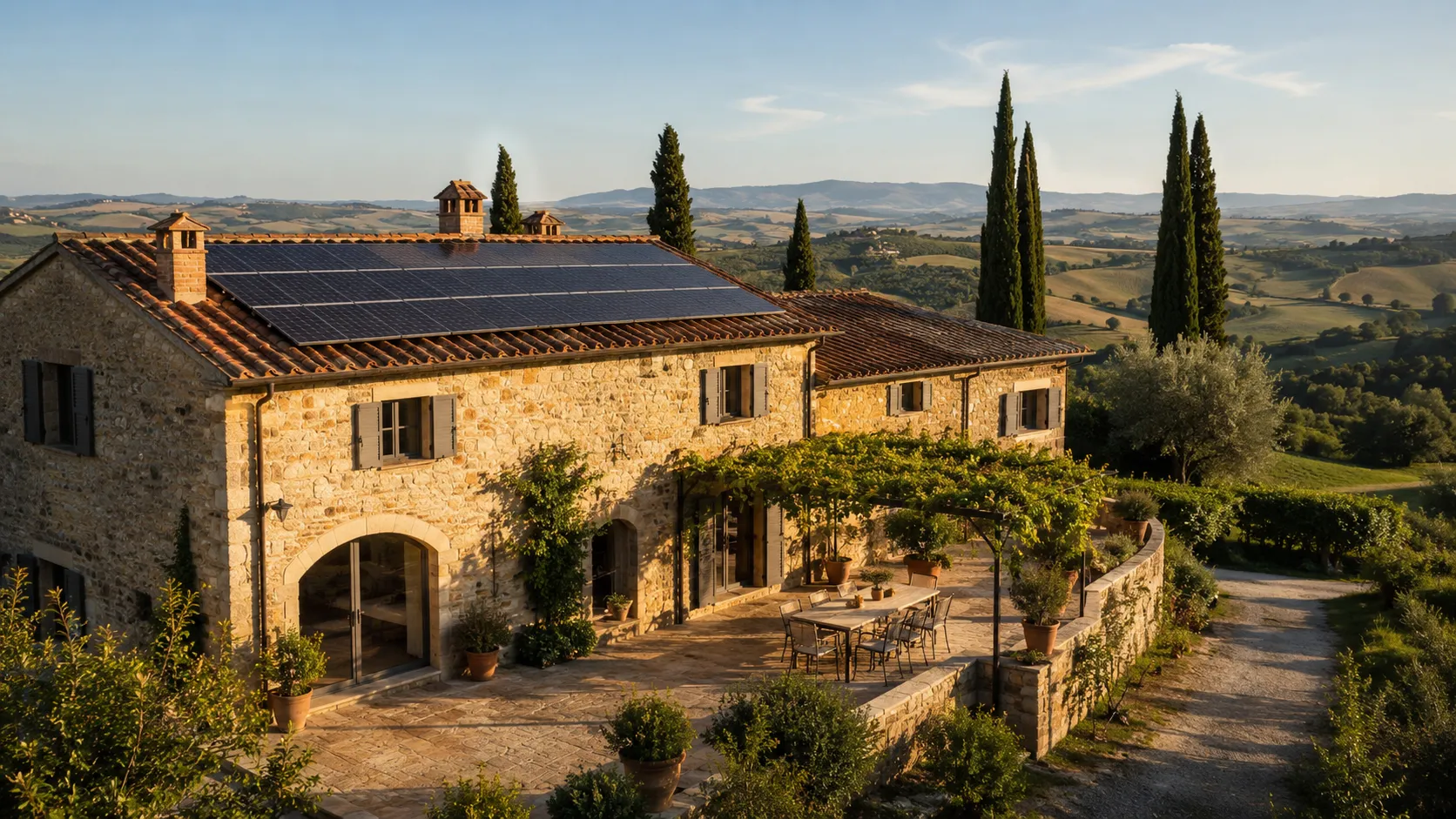 Toskanisches Steinhaus mit Solaranlage und Blick auf die Maremma