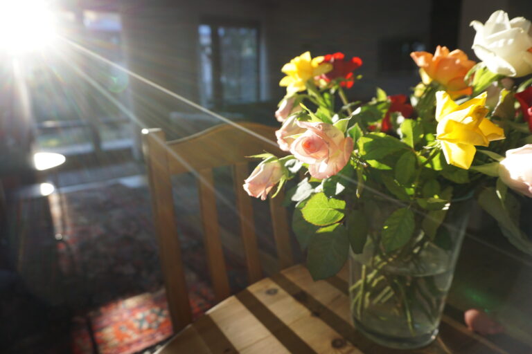 Frischer Rosenstrauß mit pinken, gelben, roten und weißen Blüten in Glasvase auf Holztisch, beleuchtet von warmem Sonnenlicht in gemütlichem Innenraum.